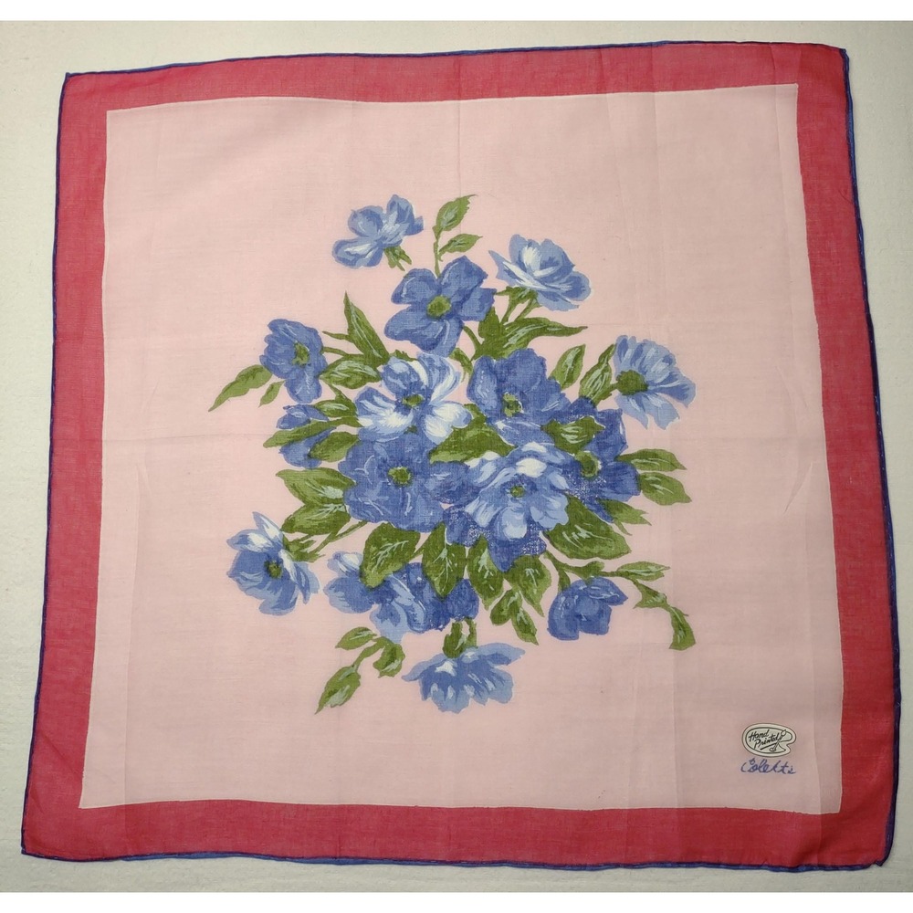 Vtg Designer Hankie Colette 14.75x15.25 hand painted floral blue/white on pink